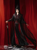 【漢服4点セット】 黒赤系 大人用 漢服 交領インナー+長衫+坎肩+アウター+腰帯 メンズ 華流 コスチューム…