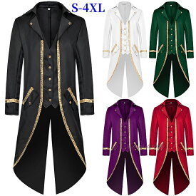 メンズコスプレジャケット 舞台衣装 ロング ゴールドスパンコール裾 燕尾服 レトロスチームパンク 無地 欧風 ヨーロッパ風 王子様 貴族 マジシャン ステージ衣装 ハロウィン パーティー 舞台劇 学園祭 お芝居 舞台衣裳 かっこいい イベント 6色 S-5L 大人 コスチューム 男性