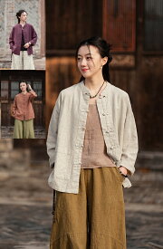 レディースシャツ リネンシャツ スタンドカラー 長袖シャツ 太極拳服 綿麻シャツ カジュアルシャツ レディースファション 女性 Tシャツ 穏やか 爽やか シンプル普段着 3色 エレガント 中華風 チャイナ風 朝練 薄手 カラムシ 紫 オフホワイト オレンジ オーバーサイズ