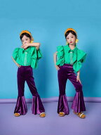 3点セット 子供ダンス衣装 トップス+パンツ+ネクタイ レトロ パンタロン ベルボトム ラップパンツ 女の子…