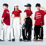 ジャズダンス衣装 女の子 男の子 上下セット へそ出し 半袖Tシャツ ロングパンツ レッド ステージショー …