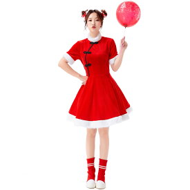 クリスマスワンピース 中華風 半袖 ケープ追加可 膝丈 ハイネック 可愛い レディース 中華娘 コスチューム もこもこ メイド服 コスプレ衣装 ダンス 学園祭 クリスマスパーティー パーティードレス 舞台衣装 イベント 変装 仮装 女装 余興 新年会 忘年会 大人 レッド サンタ赤