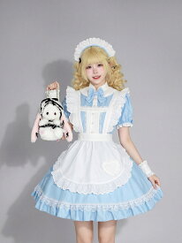 水色x白 メイド服 4点セット ワンピース+エプロン+髪飾り+腕飾り ハイネック フリル コスプレ衣装 ロリータ 膝丈 喫茶店 定番 Lolita パーティー 舞台衣装 イベント変装 女装 余興 新年会 忘年会 ダンス 大人用 女性 激萌 ハロウィン イベント ウェイトレス 演出ドレス 団服