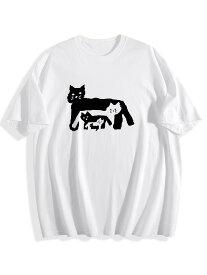 【ねこのまんま定食】ユーモラス可愛い猫イラスト T シャツ 綿 100% 200g ユニセックス 半袖 ブラック / ホワイト S-3XL 猫好き必見 おもしろ カジュアル 日常着 ギフト