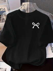 レディース 人気Tシャツ 春夏新作トレンド ｜胸元に可愛い白リボンのワンポイントをプリントし、シンプルでトレンディなデザインが特徴、通勤、プレゼントに最適な人気トップスです