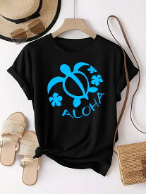 レディース「ALOHA」プリントを囲む青いウミガメと花輪柄プリント カジュアルな普段使い・旅先用にも最適 ラウンドネック 半袖 ファッション スポーツTシャツ 女性用 快適なトップス