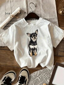 【チワワイラスト】リアルプリントルーズTシャツ 犬/チワワ好き向け メンズ レディース 半袖 コットン素材 ラウンドネック ルーズフィット カジュアル 春夏秋用 着回し自在 男女兼用デザイン ストリート トップス ギフト プレゼント