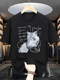 【送料無料】メンズ おもしろ猫 T シャツ 数式に囲まれたクール猫プリント 半袖ラウンドネック デジタルプリント 色落ちしにくい カジュアルスタイル 着回し万能 ギフトにも最適 通気性抜群で夏場も涼しく レギュラーフィットで快適に過ごせます