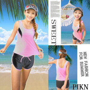 フィットネス水着 レディース 体型カバー ジム用 水着 スポーティ大きいサイズ タンキニ水着 セパレート 2点セット タンクトップ ショートパンツ スイムウェア スポーツウェア ジム 運動用