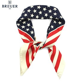 〈BREUER ブリューワー〉 シルク 高級サテン スカーフ ブランド 大判 正方形 67×67 星柄 ネイビー レッド イタリア製 MADE IN ITALY アメリカン 星条旗