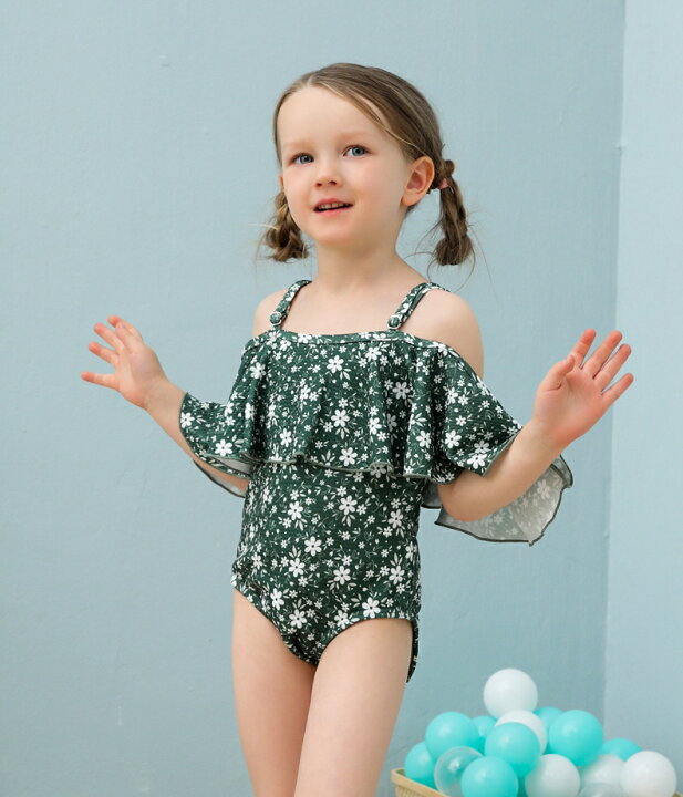 子供用水着 ワンピースタイプ オフショルダー フレア フリル スイムウェア キッズ 女の子 ガールズ 女子 花柄 海水浴 プール ビーチ 水遊び リゾ 定番のお歳暮 冬ギフト