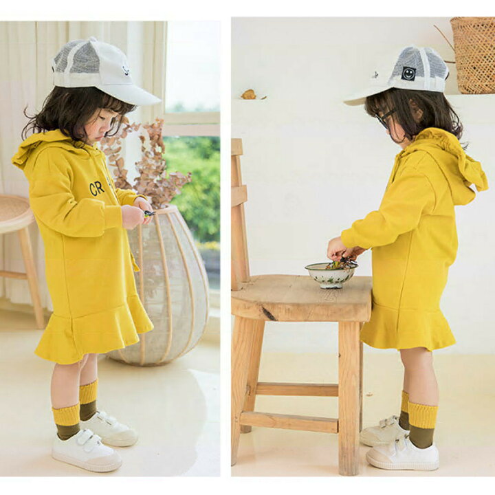 楽天市場 送料無料 パーカーワンピース ミニワンピース 長袖 フード付き ミニ丈 ショート丈 子供服 キッズ スウェット スエット 裾フレア フリル 英字刺繍 シンプル かわいい カジュアル 女の子 女児 子供用 子ども服 こども服 80cm 90cm 100cm Dolcissimo