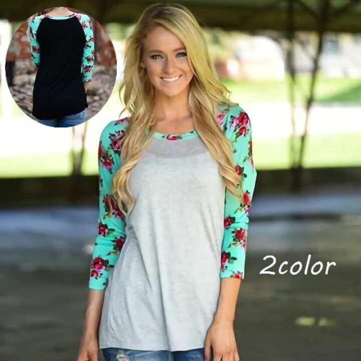 楽天市場 送料無料 カットソー Tシャツ 7分袖 レディース 女性 トップス Uネック 丸首 前後ラウンドネック ラグランスリーブ 裾ストレートカット 花柄 フラワー バイカラー ソリッドカラー シンプル カジュアル かわいい おしゃれ 上品 女子 ガールズ 婦人 Dolcissimo