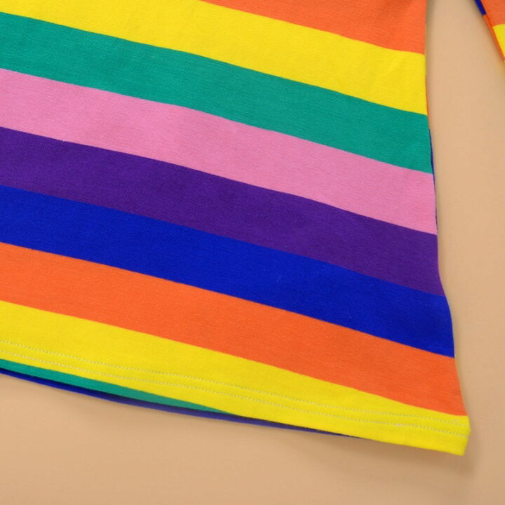 送料無料 ワンピース キッズ ベビー 子供服 女の子 長袖 プルオーバー フード ミニ丈 膝上丈 Aライン ボーダー レインボーカラー 可愛い お洒落 カジュアル 普段使い 通園 通学 新作人気モデル