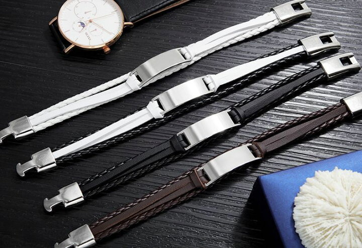 レザーブレスレット Puレザー メンズ アクセサリー 腕輪 プレゼント 誕生日 バックル プレート メタル 編み込み 3連 重ね付け風 ブラック ホワ 新作からsaleアイテム等お得な商品 満載