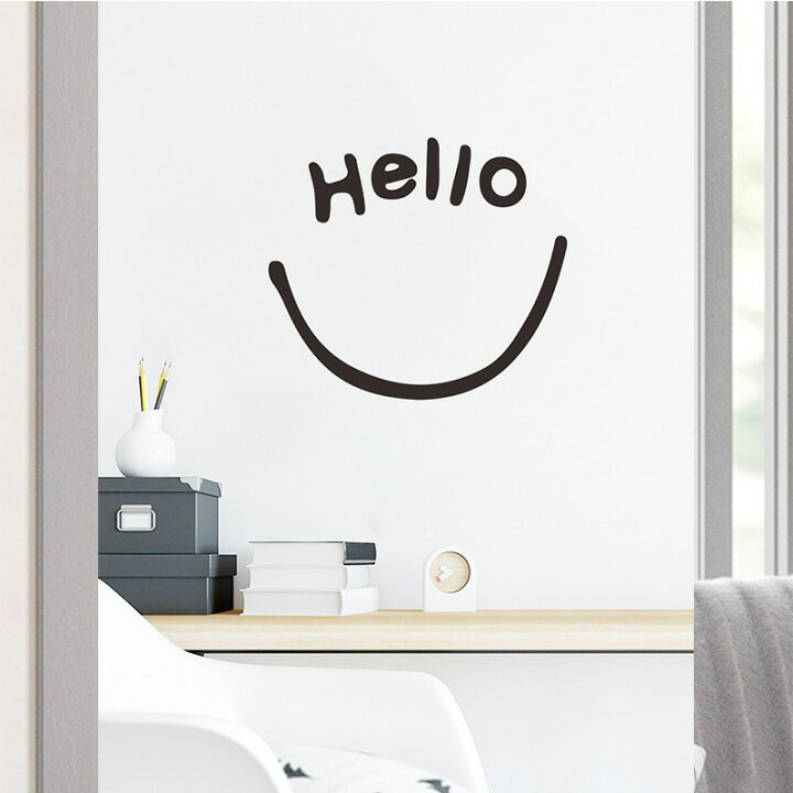 楽天市場 送料無料 ウォールステッカー 壁紙シール 壁飾り 雑貨 小さめ スマイル 笑顔 英字 英文 Hello 手書き風 シルエット モノトーン ブラック シンプル 可愛い キュート リビング 子ども部屋 窓 玄関 カフェ イベント お店 店舗 Dolcissimo