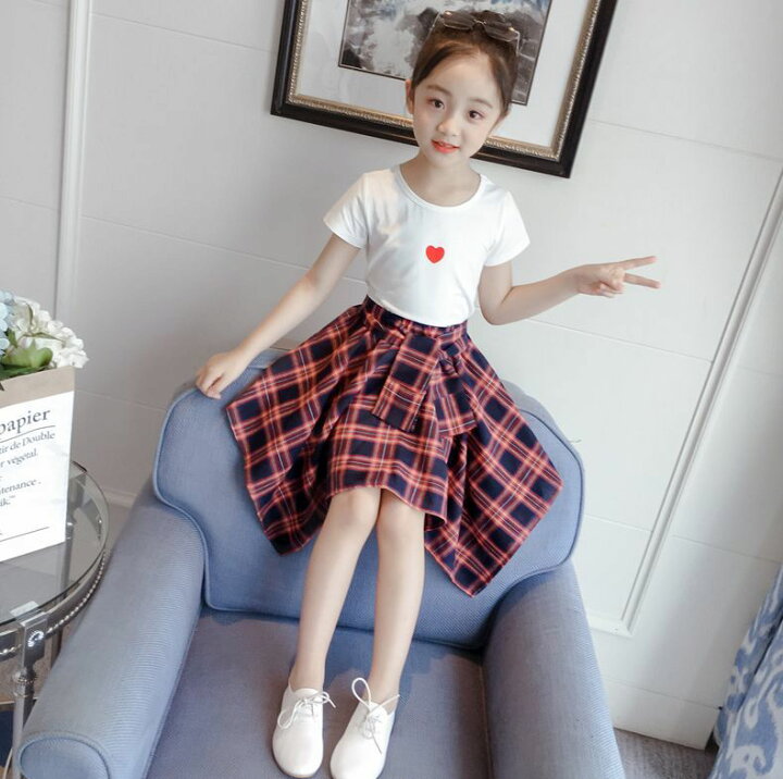 120 ハート ブラウス チェックスカート セット キッズ 女の子 韓国子供服