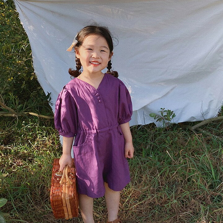 楽天市場 送料無料 オールインワン ジャンプスーツ 子供服 キッズ 女の子 半袖 Vネック パフスリーブ リネン調 膝丈 ボタン パンツスタイル ウエストギャザー ポケット おしゃれ かわいい お出かけ 女児 普段使い デイリー Dolcissimo