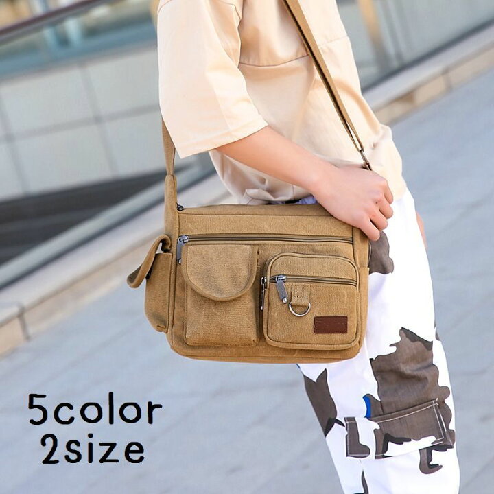 楽天市場 送料無料 ショルダーバッグ バッグ 鞄 メンズ 男性 斜め掛け 肩掛け スクエア 四角 ファスナー ポケット 長さ調節 シンプル カジュアル アウトドア キャンバス Dolcissimo