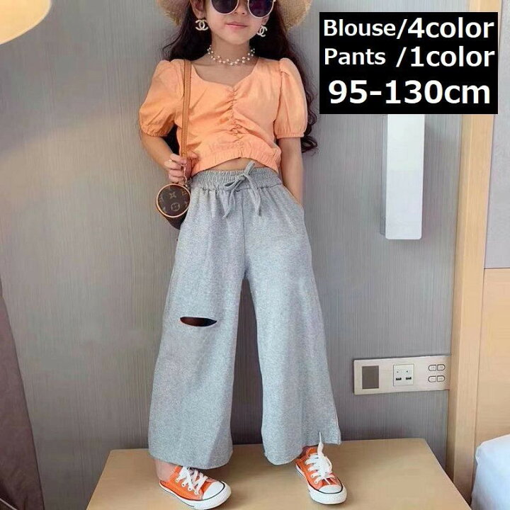 楽天市場 送料無料 ブラウス ショート丈 ワイドパンツ ガウチョパンツ 単品 女の子 キッズ 子供服 半袖 ロングパンツ 無地 パフスリーブ 可愛い トップス プルオーバー クロップド丈 ヘソ出し ボトムス 長ズボン スカンツ スカーチョ ダメージ加工 穴あき ゆ Dolcissimo