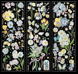 送料無料 シール 3枚セット 3種セット 文房具 草花 フラワー ボタニカル柄 花束 蝶 チューリップ バラ PET 半透明 ピンク ブルー イエロー かわいい キュート エレガント おしゃれ 華やか