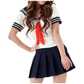送料無料 コスチューム コスプレ セーラー服 制服 3点セット レディース 女性 婦人 学生 上下セット トップス ボトムス ネクタイ付き 半袖 ミニ丈 ショート丈 プリーツスカート ホワイト ブルー 学生服 衣装 イベント