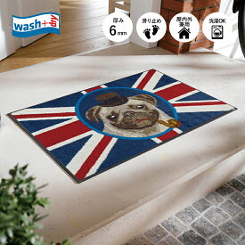 玄関マット wash+dry(ウォッシュ アンド ドライ) British Pug 50×75cm ブルー｜屋外 室内 おしゃれ 滑り止め 薄型 洗える ウォッシャブル エントランスマット ドアマット クリーンテックス Kleen-Tex