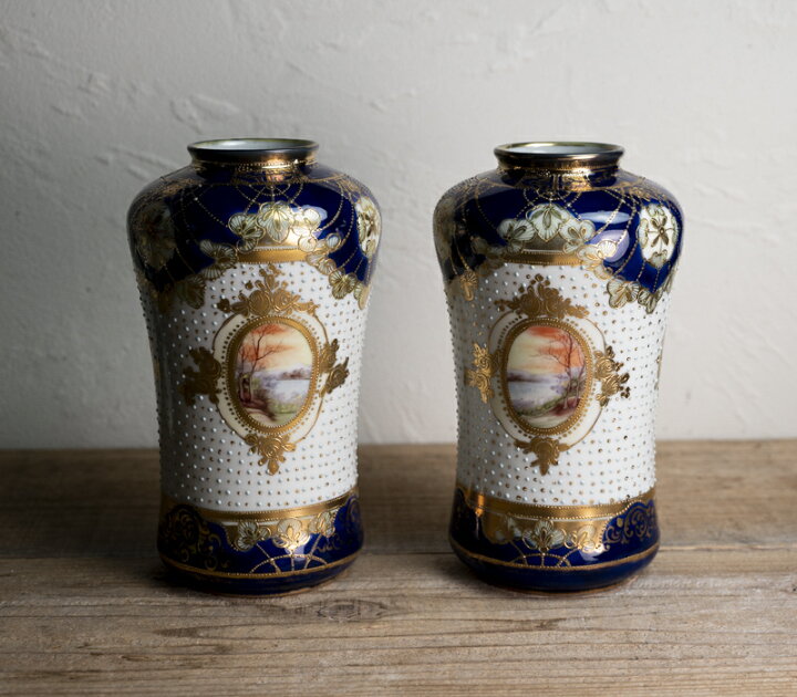 楽天市場】骨董○オールドノリタケ | 金襴手瑠璃地花瓶○ | マルキ印 ｜皿 