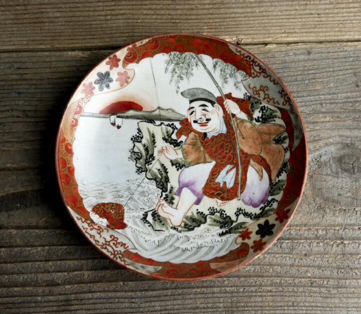 楽天市場】骨董○九谷焼色絵恵比寿文小皿○高田嶺山 / 於九谷高田画 