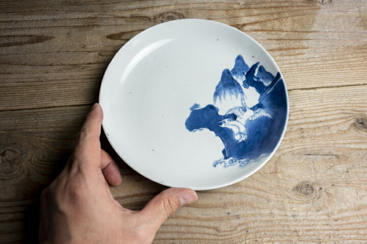 江戸時代 前期 古伊万里 藍九谷 柳下 白鷺文 角皿 隅落し 平向付 食器 