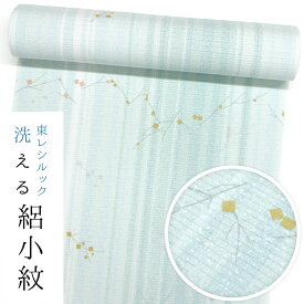 【ワンランク上のお仕立て付き価格】【東レシルック洗える着物】絽小紋rk497【洗える夏着物】【送料無料】絽ちりめん　水色／太縞に枝