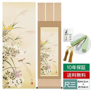 掛け軸 掛軸 床の間 モダン 和風 尺三 花鳥掛軸 秋掛 菊花 緒方 葉水 清瀧会 約44.5 164cm 洛彩緞子本表装 10年間保証 収納箱 防虫香 風鎮 付き 父の日 敬老の日 プレゼント巨匠 複製画 タペスト