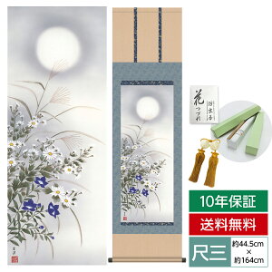 掛け軸 掛軸 床の間 モダン 和風 尺三 花鳥掛軸 秋掛 名月に秋草 近藤 玄洋 幸洋会 約44.5 164cm 洛彩緞子本表装 10年間保証 収納箱 防虫香 風鎮 付き 父の日 敬老の日 プレゼント巨匠 複製画 タ