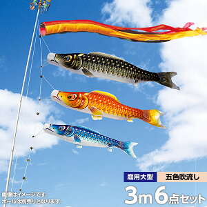 こいのぼり 庭 庭園用 村上 鯉のぼり セット各種 五色吹流し 矢車 ロープ付き ポール別売 金彩ロマン3m6点セット ガーデン用 ポリエステルサテン生地撥水加工済み 天祥 オシャレ