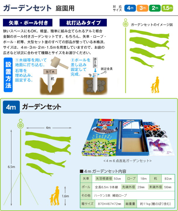 楽天市場】こいのぼり 庭 庭園用 徳永 矢車 ポール付 4m6点セット 友禅 