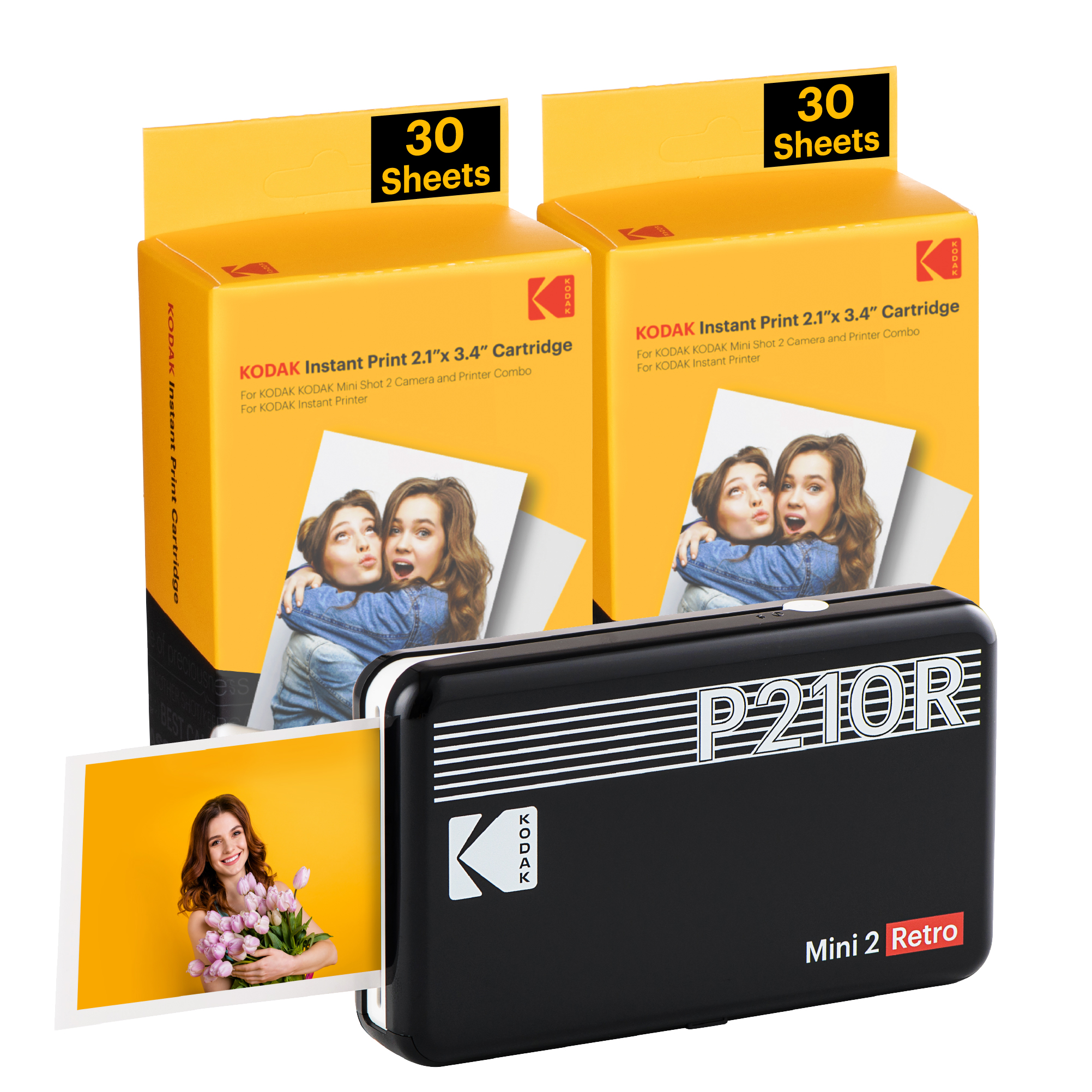 コダック KODAK Mini 2 Retro  4PASSポータブルフォトプリンター(5,3x8,6cm)＋68枚バンドル,ブラック,ホワイト,イエロー | KODAK PHOTO PRINTER