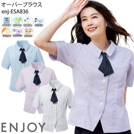 事務服 オーバーブラウス 半袖 ESA836 春夏 ストライプ レディース ENJOY オフィス 5-17号