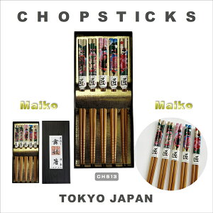 箸 日本五膳セット JAPAN CHOPSTICKS  日本のお土産 5膳セット 竹箸 滑り止め付き 来客用 中国箸 沖縄箸 舞妓 風景 名城 美人画