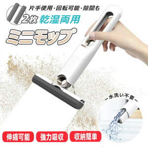 ミニモップ 多機能 ハンズフリー モップ セルフスクイーズ ドライ&ウェットスポンジモップ デスクトップガラス掃除用 バスルーム隙間吸水性 交換用ヘッド2個付き
