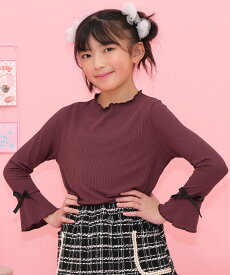 リブ地フレア袖トップス 長袖 子供服 キッズ ジュニア 女の子 リブ地 メロウ リボン 無地 100cm 110cm 120cm 130cm 140cm 150cm