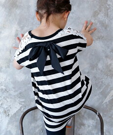 【クーポンで50％OFF】バックリボントップス 半袖 子供服 キッズ ジュニア 女の子 ボーダー レース 花 100cm 110cm 120cm 130cm 140cm 150cm