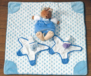 布おもちゃベビーロールコレクションブルーのハート柄ブランケット&どうぶつおあそびタオルエレファント&ヒポ&プルリングミュージカルトイ バニーふわふわギフトセット4点組み出産祝選