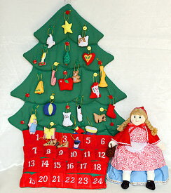 クリスマス布絵本布おもちゃ布のアドベント カレンダー壁掛け　クリスマスツリーボタンかけオーナメント24個付き変身人形 赤ずきんメリークリスマス　ギフトセット2点組み幼児教育選んで!!無料ギフトラッピング