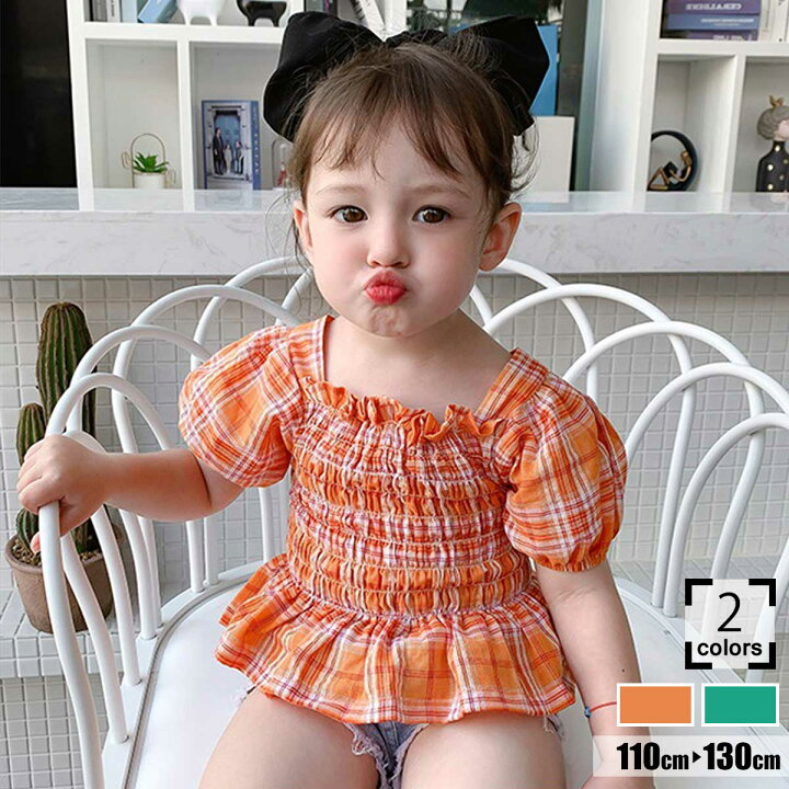 楽天市場 春夏子供服 半袖カットソー チェック柄 パフスリーブ シャーリングブラウス ショート丈 オレンジ グリーン ゴム ギャザー しぼり カジュアル キッズ こども ジュニア トップス おしゃれ オシャレ かわいい 可愛い Tシャツ ｔシャツ ティーシャツ はんそで