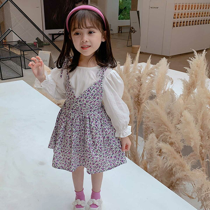 楽天市場 子供服 春秋ワンピース パフスリーブ小花柄長袖ワンピース フリル袖カットソー グリーン パープル 女の子 ガールズ キッズ こども カットソー トップス フリフリ ガーリー ナチュラル ボタニカル お花 かわいい おしゃれ 海外 セットアップ 子供服雑貨