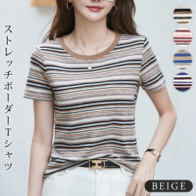 Tシャツ レディース 秋 冬 秋冬 カットソー トップス ボーダー きれいめ 半袖 伸縮性 ストレッチ コットン 綿 半袖tシャツ クルーネック 大人 カジュアル ボーダーtシャツ 低身長 高身長 女性 OL 20代 30代 40代 50代