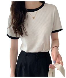 リンガーネック トップス tシャツ レディース 秋 冬 秋冬 黒 白 半袖 無地 カットソー パイピング 通気性 さらり リブ 半袖トップス 半袖tシャツ チュニック ブラック ホワイト ブルー 大人 カジュアル 体型カバー 20代 30代 40代 OL ママ 母