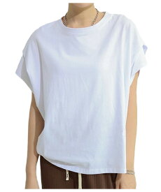 Tシャツ レディース 着痩せ 華奢見え 半袖 フレンチスリーブ 無地 ボーダー カジュアル シンプル トレンド 二の腕カバー Uネック ラウンドネック トップス ゆったり オーバーサイズ 体型カバー 秋冬