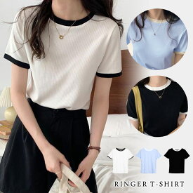 【900円！クーポン利用で】 リンガーネック トップス tシャツ レディース 秋 冬 秋冬 黒 白 半袖 無地 カットソー パイピング 通気性 さらり リブ 半袖トップス 半袖tシャツ チュニック ブラック ホワイト ブルー 大人 カジュアル 体型カバー 20代 30代 40代 OL ママ 母