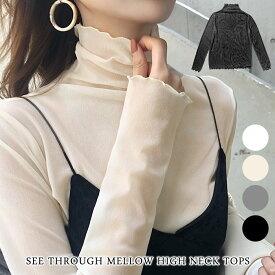 【1,036円！30%OFFクーポンで】 シースルー トップス シアー シースルー 長袖 重ね着 インナー メロウハイネック トップス tシャツ レディース 秋冬 黒 白 カットソー チュニック 無地 きれいめ ハイネック 透け シースルー チュール ブラック ホワイト オフィス